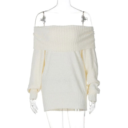 maoxiangshop  -  One Shoulder Knitted Sweater Women's Sexy Slim Long Sleeve Solid Pullover Top Loose Casual Chic Autumn Street Sweater