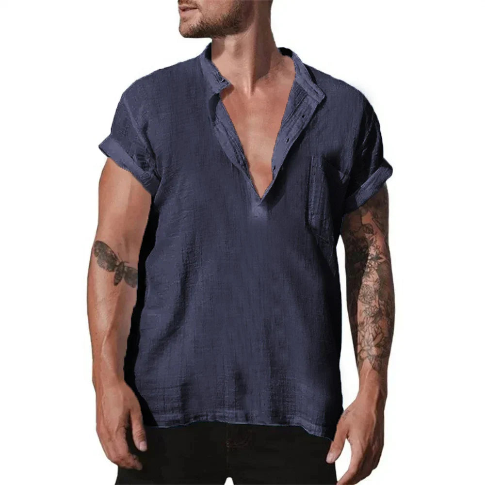 maoxiangshop Summer Cotton Linen Casual Shirt for Men Loose Casual Breathable Men's Lightweight Large Shirt Large Size Oversized T Shirt