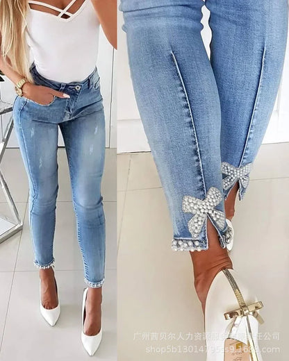 maoxiangshop Beaded Slit Bowknot Decor Jeans Autumn Women Pearl Bow Casual Loose Splice Sheath Long Pants Slim Fit Denim Pencil Trousers