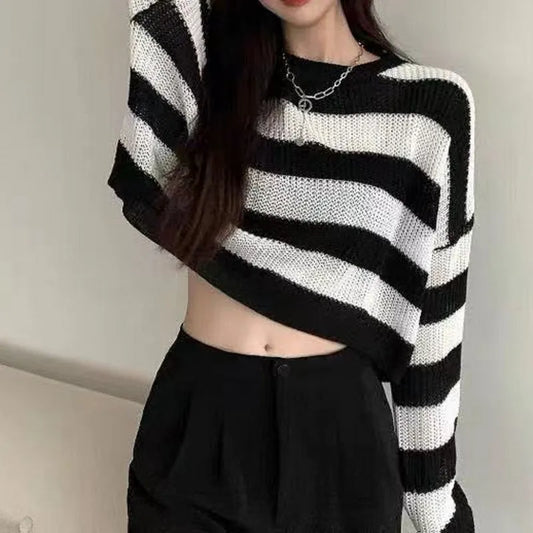 maoxiangshop New Korean Style Striped Cropped Sweater Women Vintage Oversize Knit Jumper Female Autumn Long Sleeve O-neck Pullovers Tops