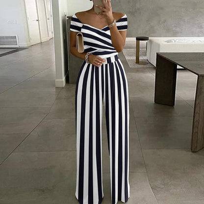 maoxiangshop Sexy Outfit Off Shoulder Print Wide Leg Jumpsuit Women  Summer Casual Boho Casual High Waist Jumpsuits Clothes Overalls