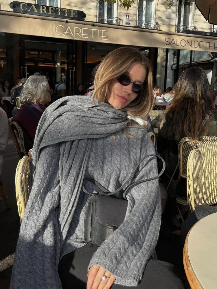 maoxiangshop  -  Women Casual Gray Knitted Sweater With Scarf Elegant Round Neck Long Sleeves Pullover 2024 Autumn Lady High Street Jumper Top