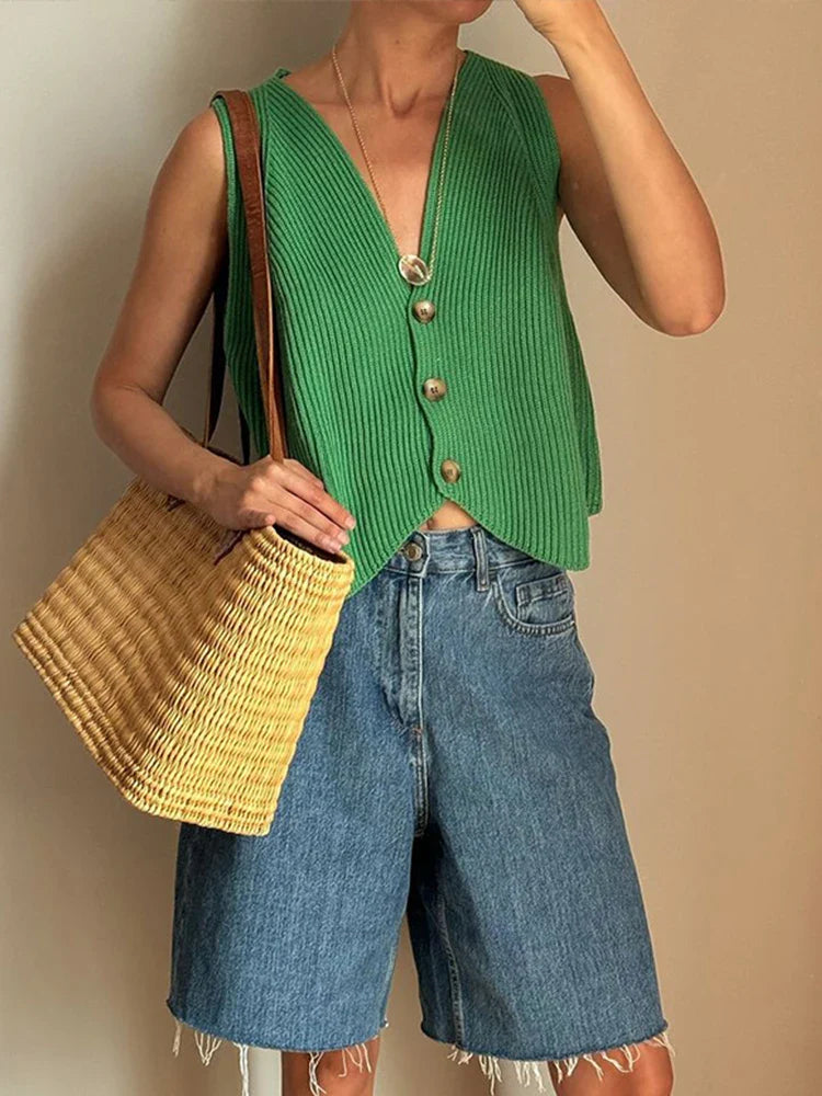 maoxiangshop  -  Casual Knitted Sleeveless Vests Women Solid Colorful Singled-Breasted Sweater Female Autumn Chic Loose Soft Tops All-matching