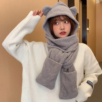maoxiangshop Cute Bear Ear Hat Scarf Set Kawaii Women Winter Beanies Caps Warm Casual Plush Hat Casual Female Keep Wammer Anime Gift