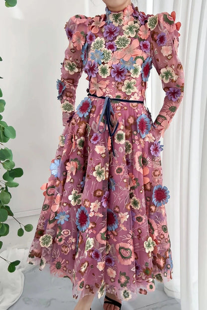 maoxiangshop Elegant Mauve 3D Embroidered Flower Winter Wedding Dress with Full Sleeves Tea-length High Neck Women Evening Party Gown