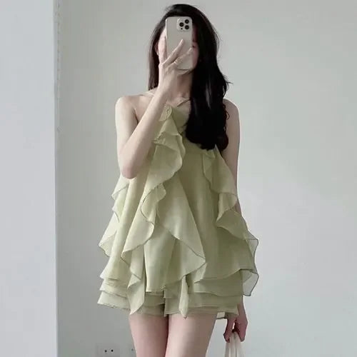 maoxiangshop Boho Dress Vintage Hanging Neck Layer Ruffle Sleeveless Sling  Short Sexy Green Chiffon es Robe Vestidos Mujer Korean