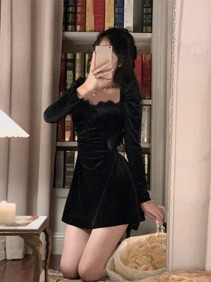 Autumn Black Velvet Midi Dress Casual Korean Fashion Elegant Party Dress Woman Long Sleeve Vintage Lace Dress Slim Design