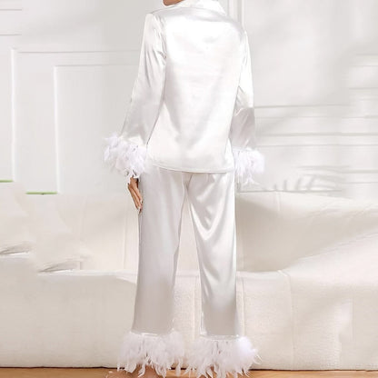 Solid Casual Sleepwear Women's Robe With Feathers Single Breasted Turn Down Collar Women Sleeping Clothes Set Satin Pajamas Sets