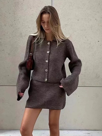 maoxiangshop  -  Women's Knitted Suit Lapel Flare Sleeve Cardigan Skirt Autumn Winter New Fashion Solid Slim Female Sweater Two Piece Sets