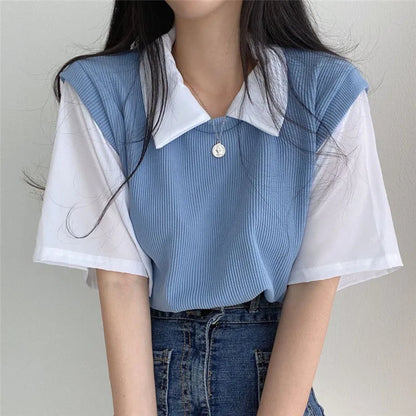 maoxiangshop Korean Spring Summer Casual Polo T-Shirt Female Pullover Women's Loose Tees Top Fake Two Piece Suit Student Preppy Style