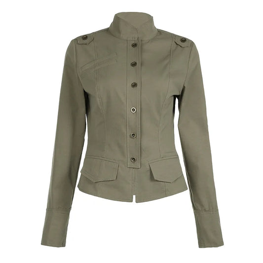 Stand Collar Button Up Cargo Jacket Coat Y2k Streetwear Long Sleeve Top 2024 Autumn Women Clothing P84-DI23