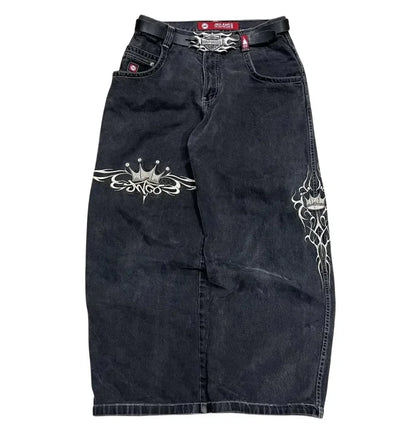 Jeans New Y2K Women Harajuku Retro Hip Hop Cartoon Embroidery Baggy Jeans Black Pants High Waisted Wide Trousers Streetwear