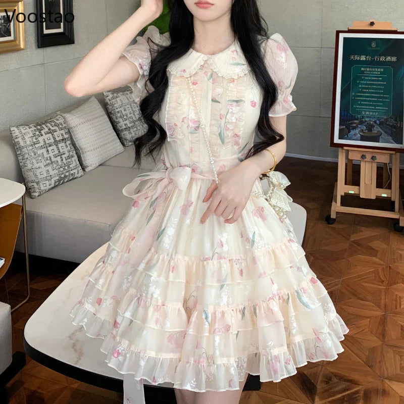 maoxiangshop Summer Sweet Lolita Style Fairy Dress Women Cute Peter Pan Collar Floral Ruffles Princess Dresses Female Chic Vacation Vestidos