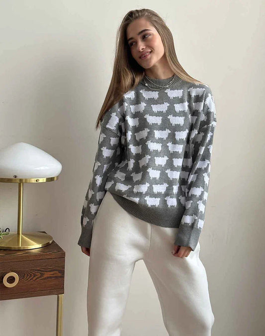 maoxiangshop  -  Elegant Women Sheep Printing Sweater Warm Knitted Classic O-Neck Pullover Tops Autumn Winter 2024 Streetwear Sweater