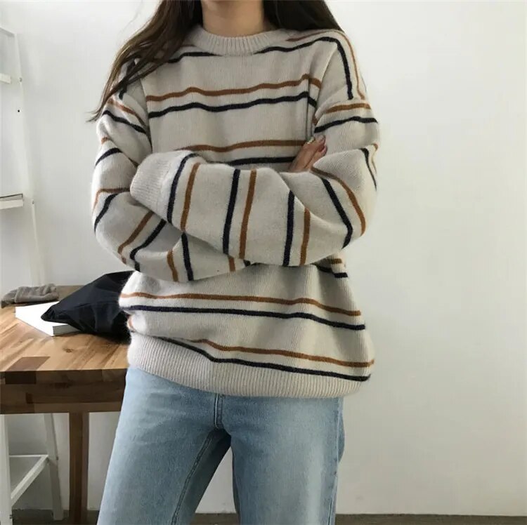 maoxiangshop Women Pullovers Crew-Neck Knitted Jumper New Student Striped Sweater Aesthetic  Outfit