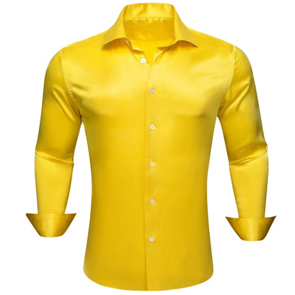 maoxiangshop Luxury Shirts for Men Silk Satin Solid Plain Red Green Yellow Purple Slim Fit Male Blouses Turn Down Collar Casual Tops