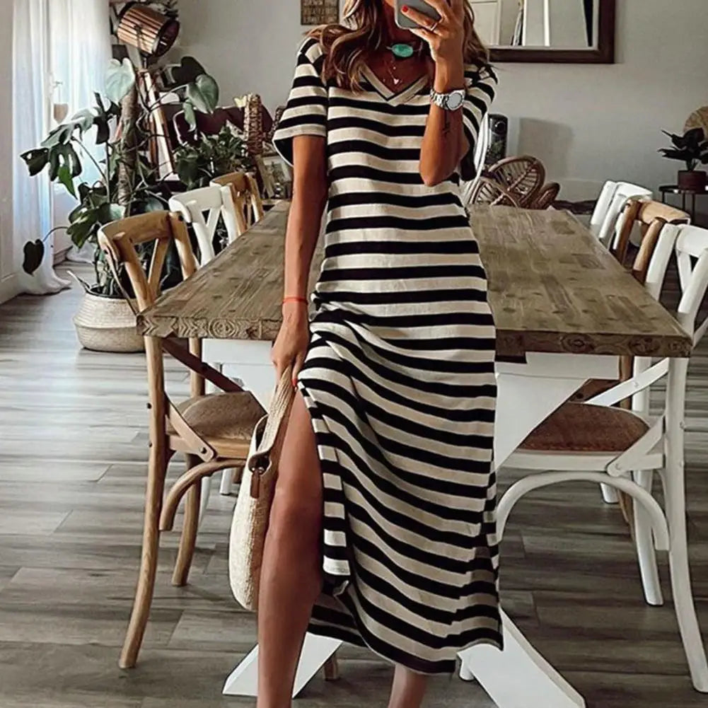 maoxiangshop Summer Dresses Woman Plus Size Dresses For Women Casual Stripe Print V-neck Short Sleeve Loose Long Dress Robe Femme