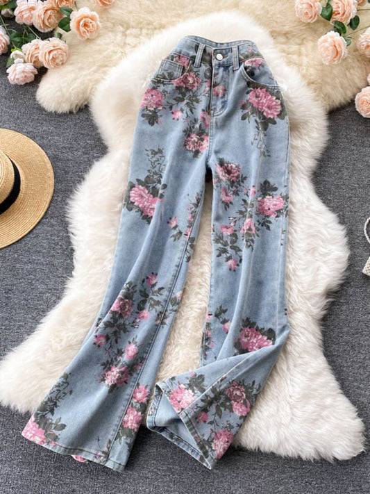 maoxiangshop Flowers Print Jeans Women Vintage High Waist Denim Long Pants  Fashion Autumn Casual Wide Leg Full Length Denim Trousers