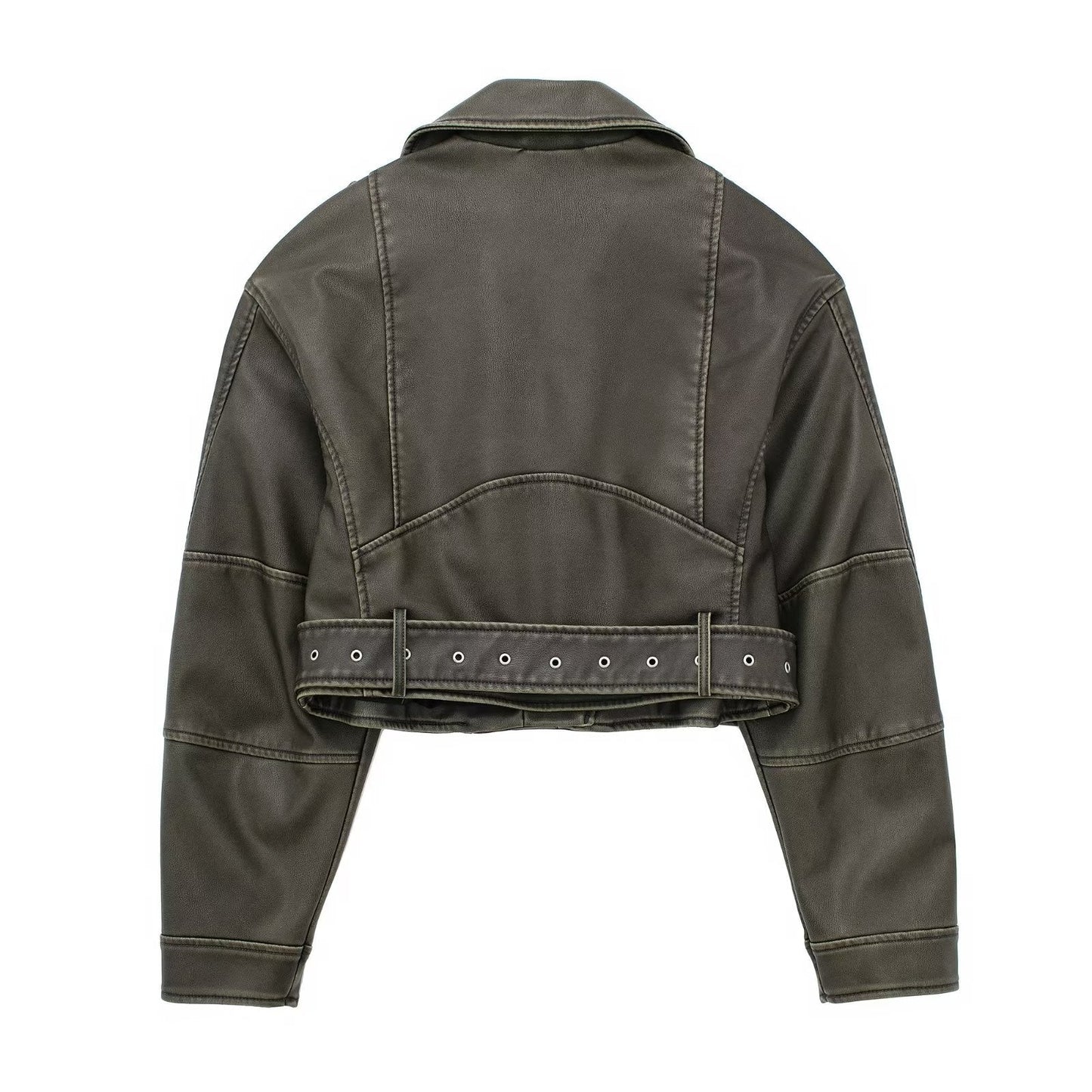 maoxiangshopWomen Vintage Loose Pu Faux Leather Short Jacket with Belt Streetwear Female Zipper Retro Moto Biker Coat Outwear Tops