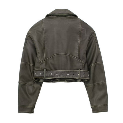 maoxiangshopWomen Vintage Loose Pu Faux Leather Short Jacket with Belt Streetwear Female Zipper Retro Moto Biker Coat Outwear Tops