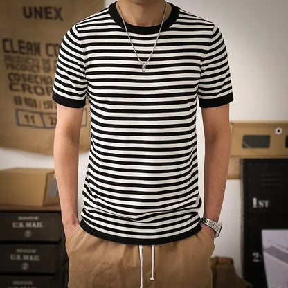 maoxiangshop Striped T-shirts Men Panelled Leisure American Style High Street Cozy Daily Versatile Hipster Classic Outdoor Summer Breathable