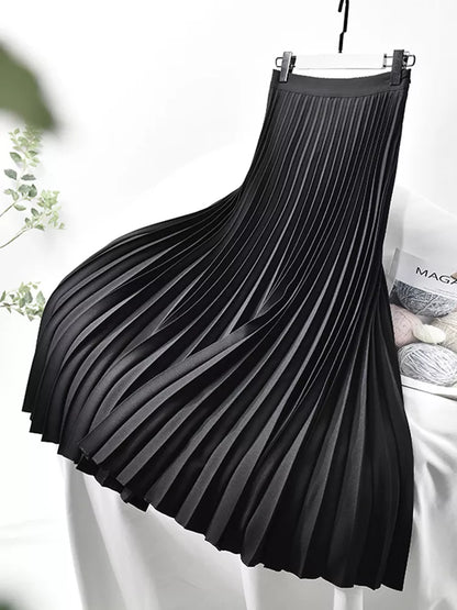 maoxiangshop Brand Designer Women Spring Autumn Elegant Chic Solid Pleated Skirt High Waist Luxury Fashion With Elastic Female