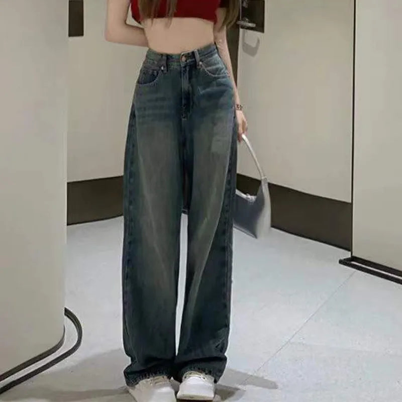 maoxiangshop Vintage Wide Leg Cargo Jeans Women Autumn High Waist Bagge Pants Woman Y2K Streetwear Loose Denim Trousers Female