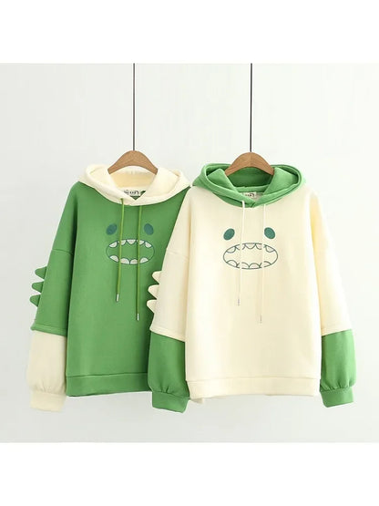 maoxiangshop Harajuku Kawaii Hoodies Cartoon Dinosaur Print Casual Women Winter Warm Fleece Hooded Cotton Sweatshirt Teen Girls Cute Top