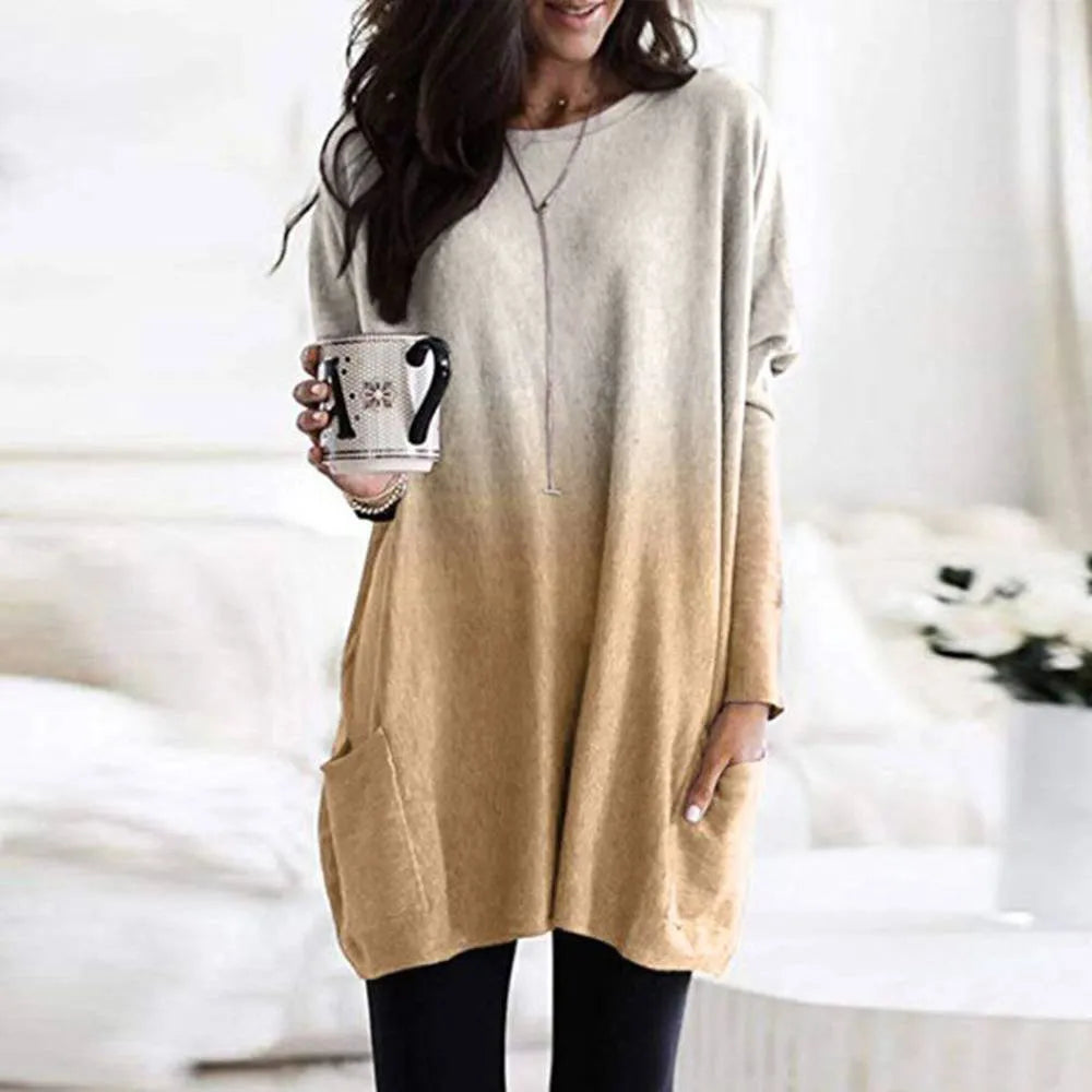 maoxiangshop Women‘s Long Sleeve Pocket Tunic Autumn Tops Blouse Shirt Gradient Loose Winter Jumper Pullover Plus Size Clothes Clothing