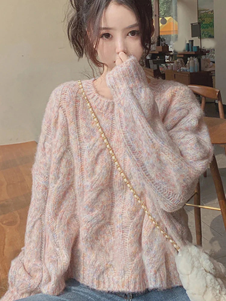 maoxiangshop Japan Sweet Women Knitted Sweater Fashion Loose Preppy Style Jumper Lazy Wind O Neck Long Sleeve Fall Lady Wool Pullovers