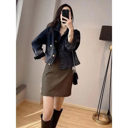 Jackets Women Spring Autumn Denim Jacket Blue Black Jean Jacket Streetwear Vintage Leopard Short Tops Korean Loose Cowboy Jacket