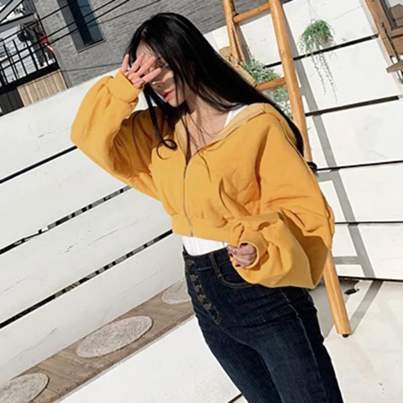 maoxiangshop Short Hoodies Women Solid Color Lady Sweatshirt Tracksuit Long Sleeve Female Crop Top Fashion Korean Clothes Harajuku