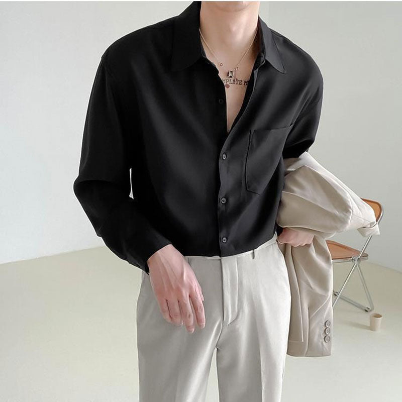 maoxiangshop Solid Color Long Sleeve Shirt POLO Collar Single Breasted Loose Casual Fashion Korean Spring and Autumn New Men's Clothing Punk