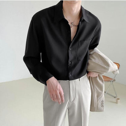 maoxiangshop Solid Color Long Sleeve Shirt POLO Collar Single Breasted Loose Casual Fashion Korean Spring and Autumn New Men's Clothing Punk