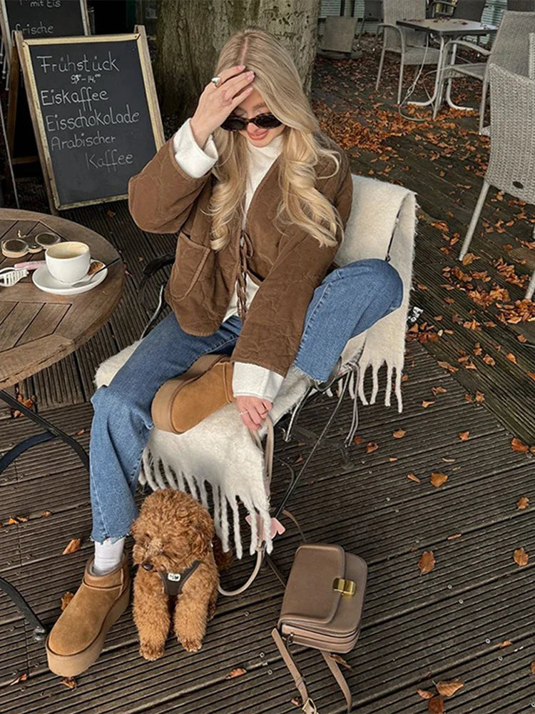 maoxiangshop  -  Vintage Brown Lace Up Women's Coats Quilted V-neck Pockets Long Sleeve Warm Jacket 2024 Autumn Winter Lady All-match Outwear