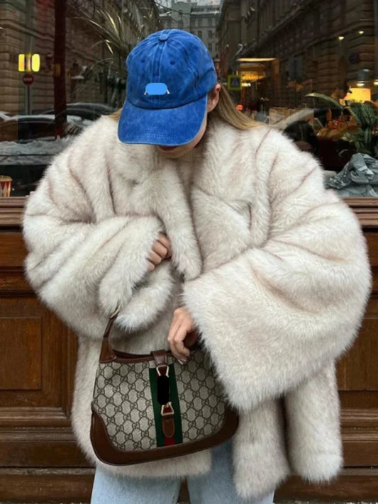 maoxiangshop  -  Solid Faux Fur Women Overcoat Lapel Thicken Warm Lady Jacket 2024 Fashion Elegant Autumn Winter All Match Loose Female Coat