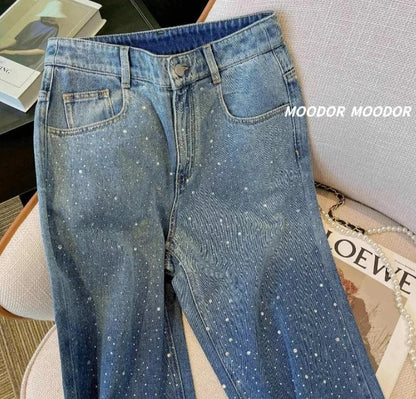 maoxiangshop Vintage Dot Print High Waist Wide Leg Baggy Y2K Jeans Pants Korean Fashion Women High Street Style Blue Straight Denim Trouser