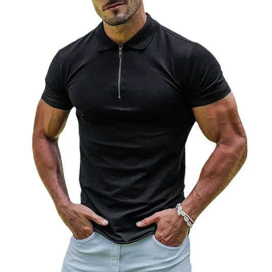 maoxiangshop New Elastic Polos Solid Color Shirt Men's Sports Tshirt Zipper Short Sleeve Slim T-shirt Casual Gym Loose Lapel Basic Tops