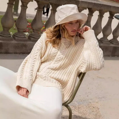 maoxiangshop  -  Women's Loose Sweater Autumn O-neck Twist Casual Sweater Solid Color Long Sleeve Pullover Women's Knitted Sweater Street