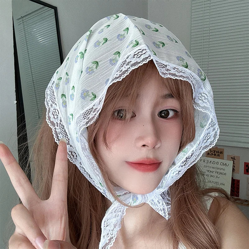 maoxiangshop Korean Lace Floral Hair Scarf Women Retro Triangle Hair Band Strap Hair Bag Headscarf Photo Headband Turban Accessorie