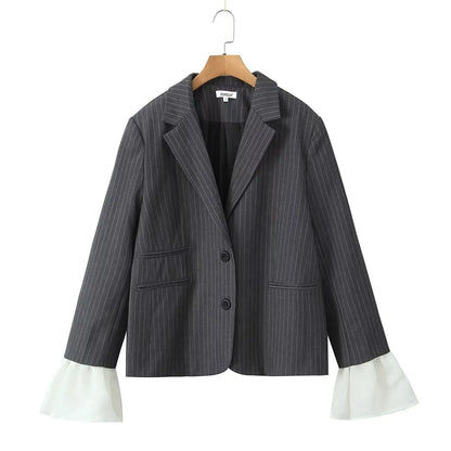 maoxiangshop  -  Fall New Striped Blazer Coat For Women With Detachable Splice Flare Long Sleeve Casual High Street Lapel Female Blazer