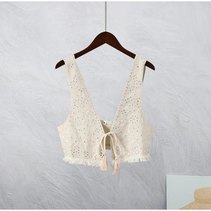 Sleeveless Backless Short WaistCoat Tops Fashion Ladies Highstreet Outfits Vintage Embroidery Tassel Lace Up Vest For Women Sexy