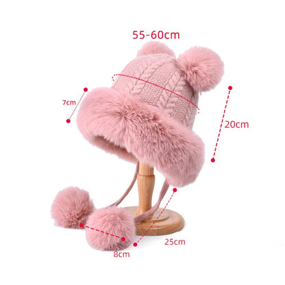 maoxiangshop  -  Winter Pompoms Hat for Women Plush Lining Thickened Warm Knit Beanies Bonnet Outdoor Windproof Ear Protection Skiing Woolen Caps