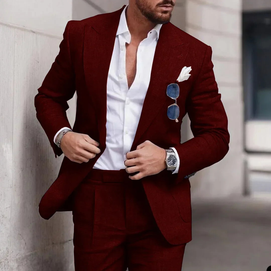 maoxiangshop Fashion Linen Suits for Men Chic Peak Lapel Double One Button Male Suit Slim Fit Business Casual Wedding Tuxedo 2 Piece Costume