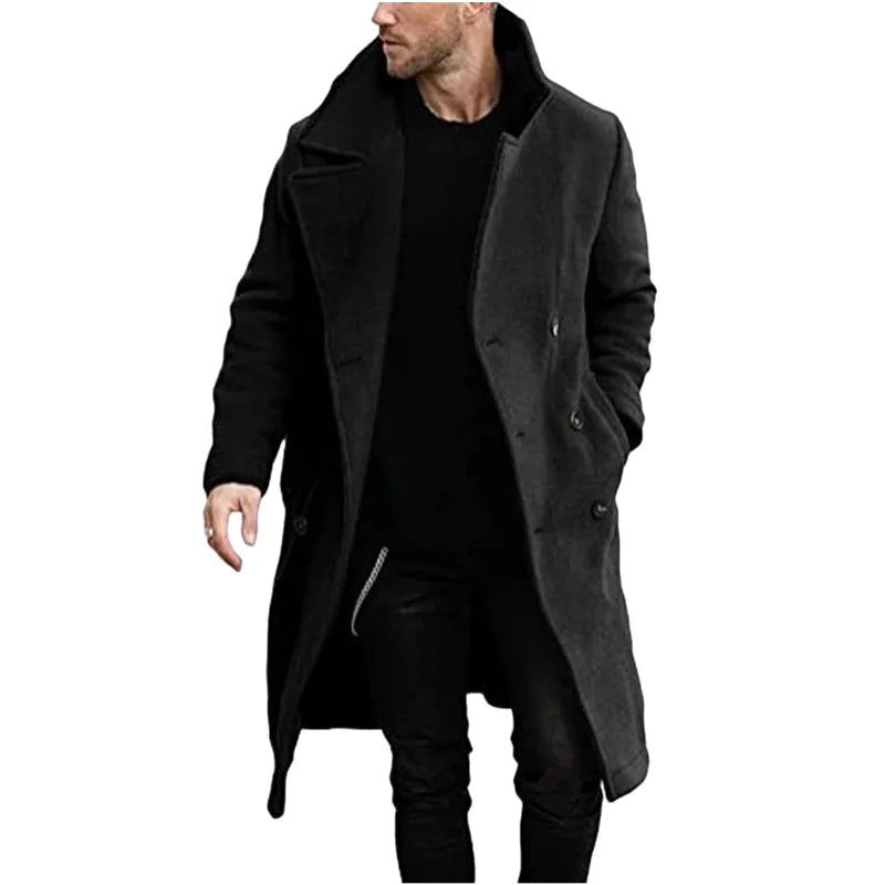 maoxiangshop WELL DRESSED MEN Casual Lapel Men's Jackets Solid Color Trench Coat Windbreaker Add-long Double Breasted Men‘s Clothing For Winter Jacket Man