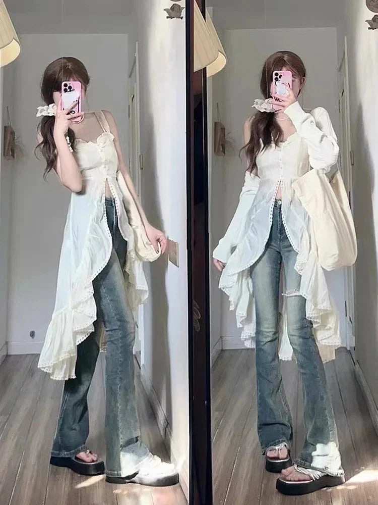 Chiffon Fashion Outfits 2 Piece Skirt Set  Sexy Strap Dress + Beige Long Tops Ruched Mori Girl Simple Summer Korean Fashion