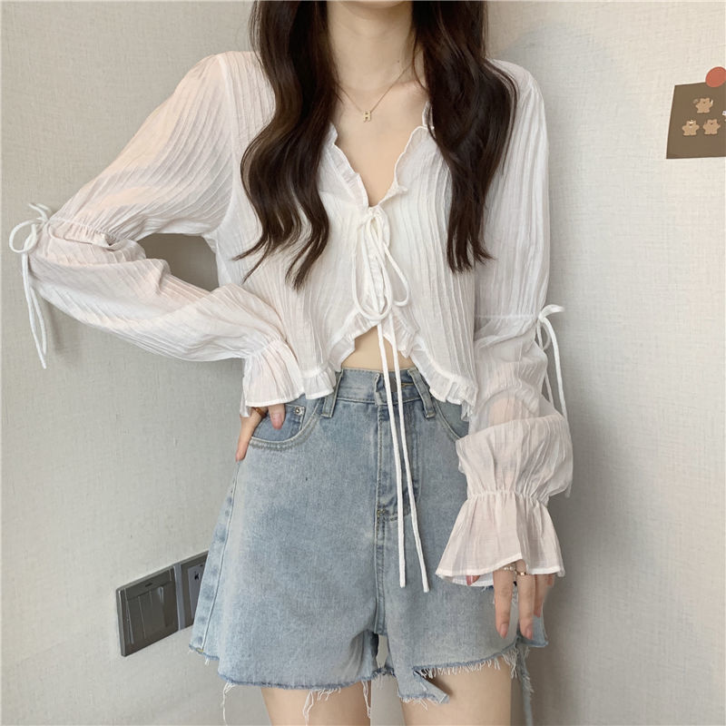 Sweet Ruffle Lace Up Cardigan Women Summer Long Sleeve Sunscreen Jacket Woman Candy-color Chiffon Crop Tops