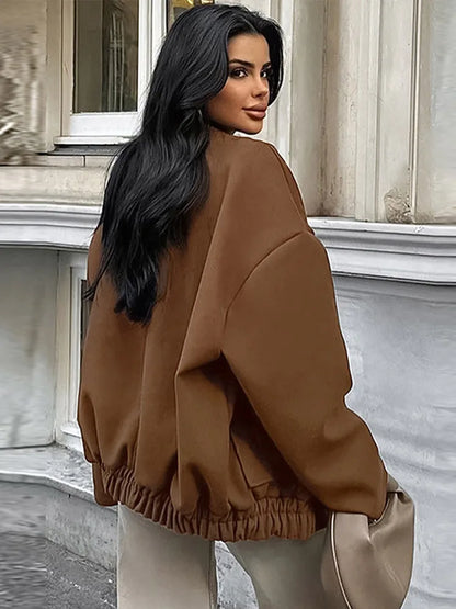 maoxiangshop  -  Thick Women's Autumn Bomber Jacket Woolen Single Breasted Oversized Stand Collar Casual Pocket Coats All-match Chic Outwear