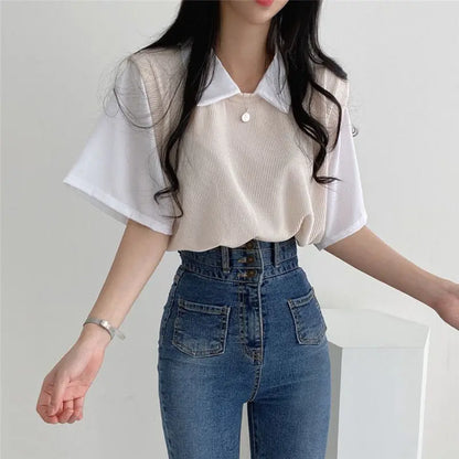 maoxiangshop Korean Spring Summer Casual Polo T-Shirt Female Pullover Women's Loose Tees Top Fake Two Piece Suit Student Preppy Style