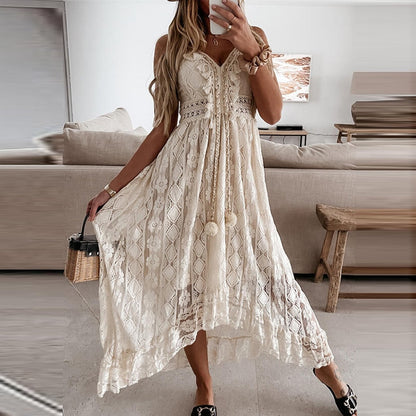 Boho Dress Women Summer Maxi Dress Lady Off Shoulder Holiday Lace V Neck Spaghetti Strap Sundress White Dress Vestidos De Mujer